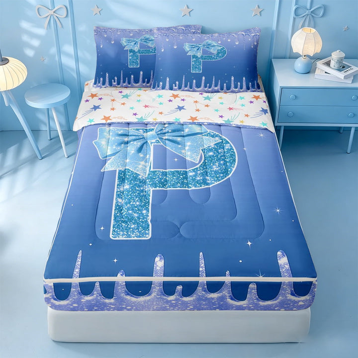 meiyoeat Bling Bowknot Monogram P Zipper Twin Comforter Sets with Fitted Sheet and 2 Pillowcases,Blue Cream Drip Initial Theme Zipper Bedding Set For Girl,Colorful Stars Reversible,4-Piece