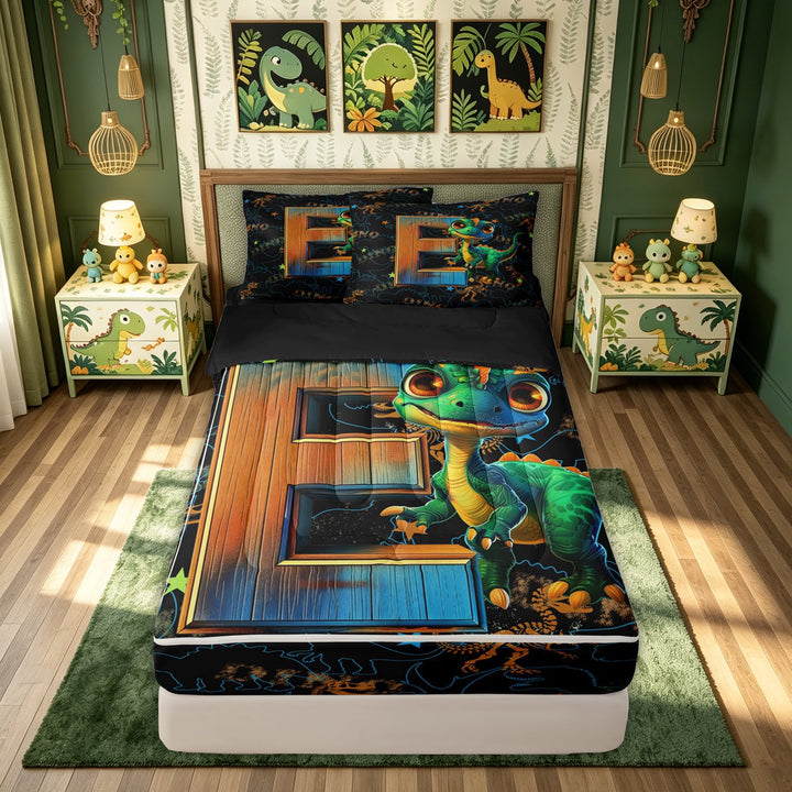 meiyoeat Dinosaur Letter E Print Zipper Comforter Set with Fitted Sheet and 2 Pillowcases for Boys Girls, Cartoon Dino Graffiti Zipper Bedding Set, Black Reversible, 3pcs
