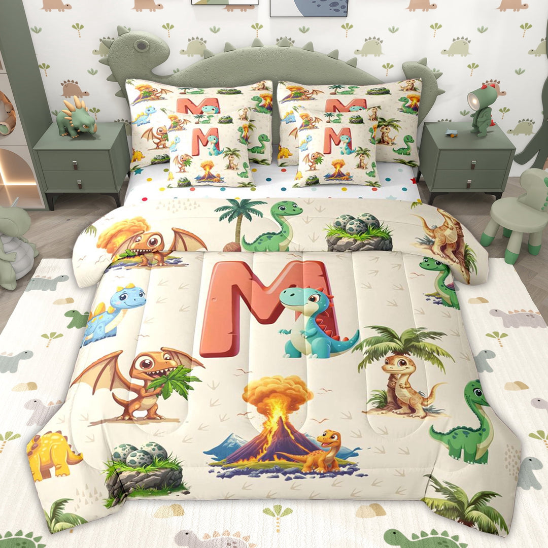 Erosebridal Dinosaur Letter M Twin Bedding Sets for Kids Boys Girls, Cartoon Dino Animals Bedding Comforter Set, Polka Dots Reversible, 7 Pieces