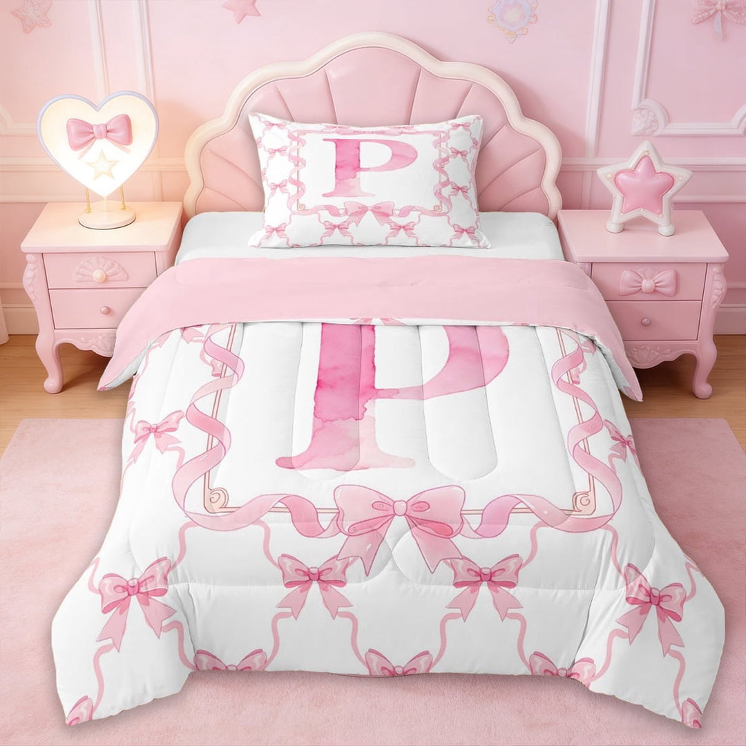 Erosebridal Cute Pink Bowknot Twin Comforter Sets,Girls Letter P Monogrammed Bedding Set For Kids,Reversible pink,2 Pieces