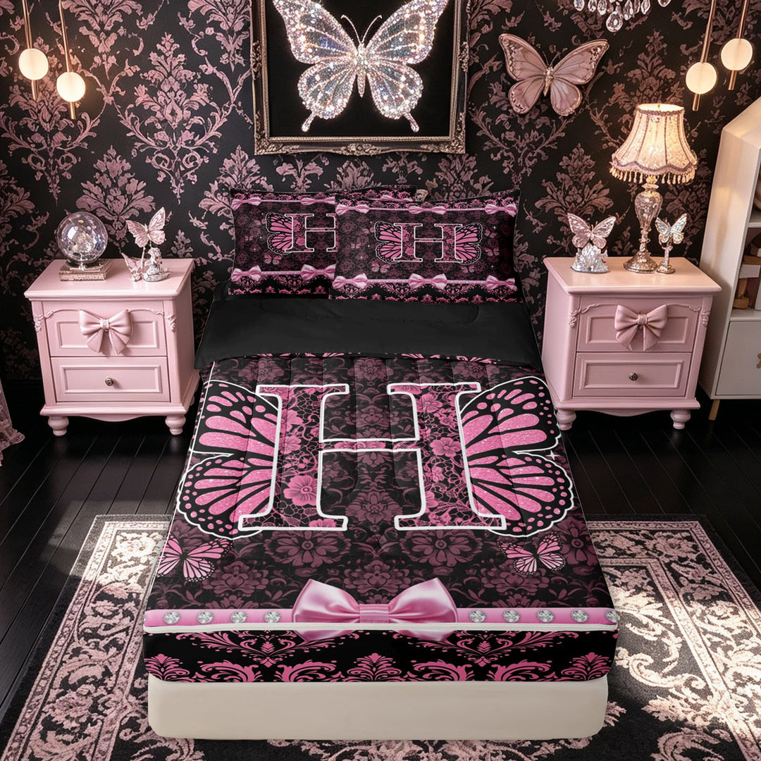 meiyoeat Sparkle Butterfly H Letter Zipper Twin Comforter Sets with Fitted Sheet and 2 Pillowcases for Women Girls, Fashion Boho Damask Flower Zipper Bedding Set, Black Pink, Black Reversible, 4pcs