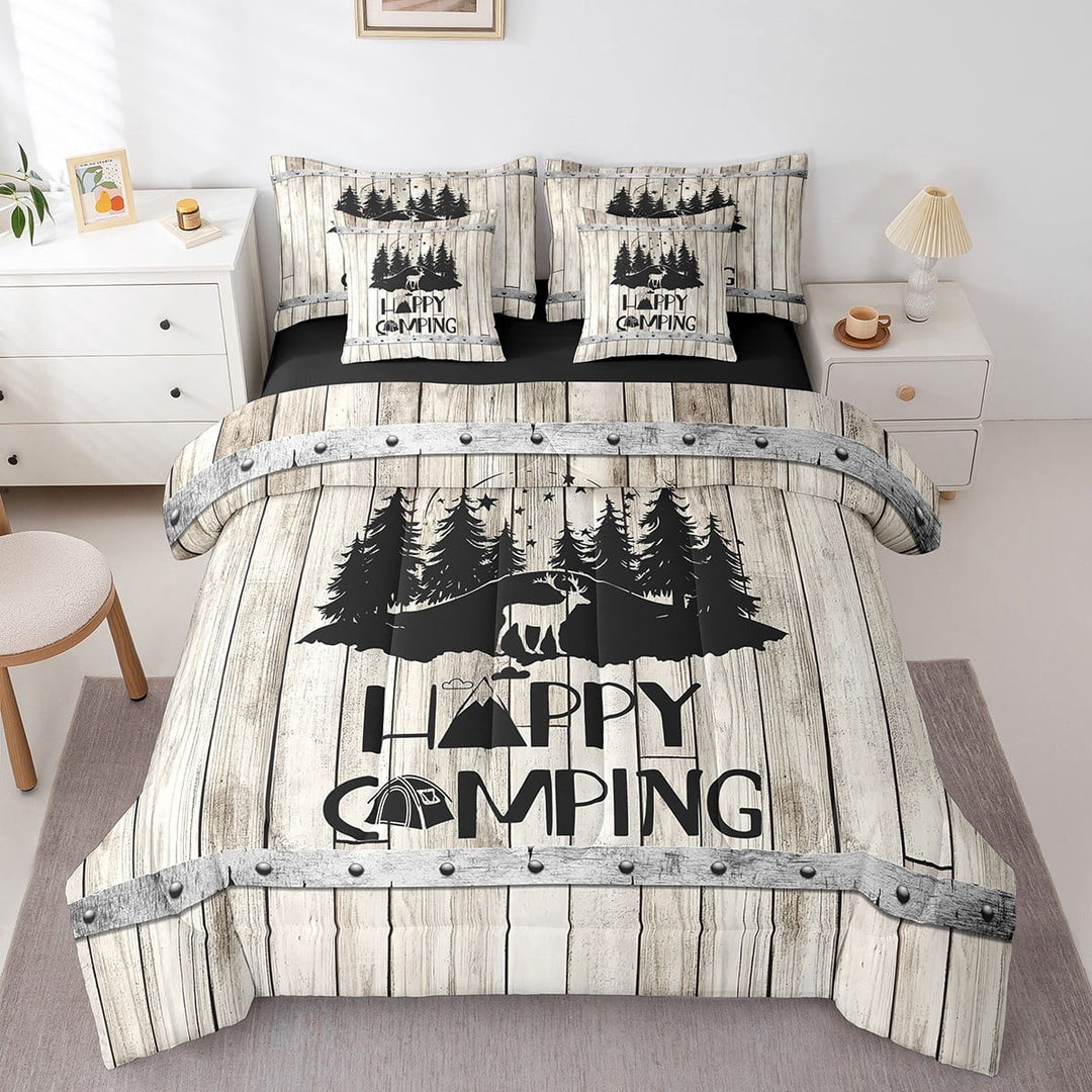 Erosebridal Rustic Cabin Bedding Sets Twin Size,Black Grey Comforter Sets with Sheets,Happy Camping Bed in a Bag Twin size,Microfiber Lodge Room Decor,Reversible,7pcs