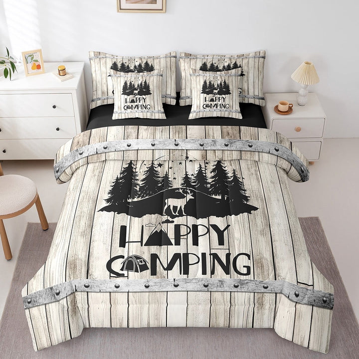 Erosebridal Rustic Cabin Bedding Sets Twin Size,Black Grey Comforter Sets with Sheets,Happy Camping Bed in a Bag Twin size,Microfiber Lodge Room Decor,Reversible,7pcs