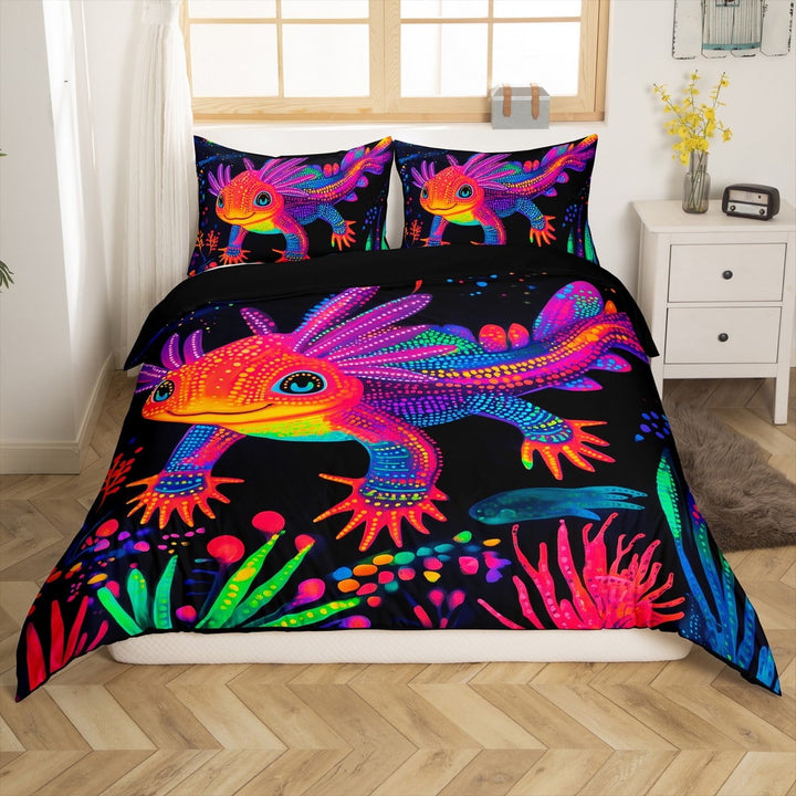 Rainbow Axolotl Duvet Cover,Cute Animal Axolotl Bedding Set Underwater World Salamander Comforter Cover Queen,Ocean Sealife Salamander Quilt Cover£¨No Comforter£©