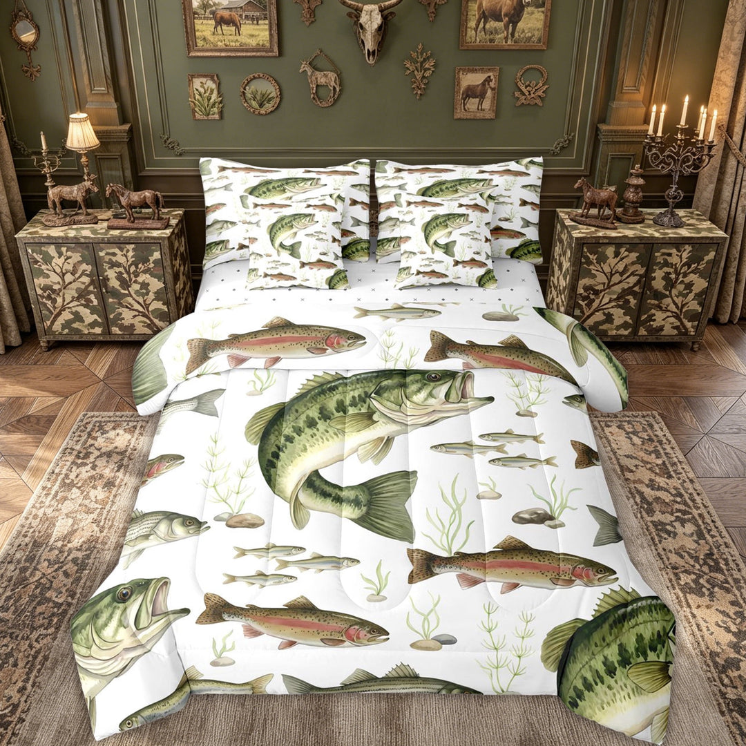 meiyoeat Largemouth Bass Fishing Full Size Bedding Sets for Men, Natural Stream Marine Full Size Bed in a Bag, Green, Reversible, 7-Piece