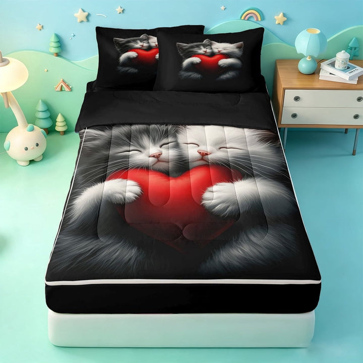 meiyoeat Cute Kitten Heart Zipper Full Size Comforter Sets with Fitted Sheet and 2 Pillowcases,Cartoon Print Zipper Bedding Set,Black Reversible,4pcs