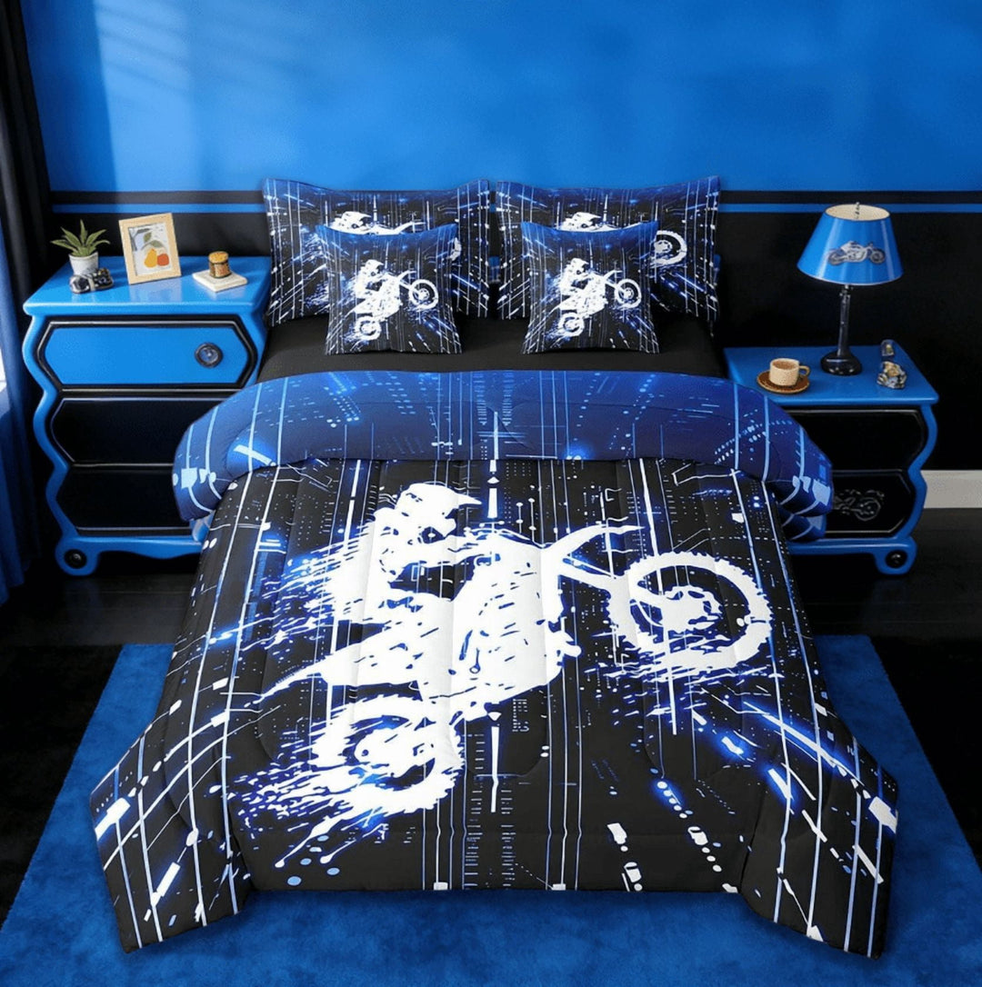 Manfei Kids Blue Dirt Bike 7 Pieces Bedding Comforter Set,Extreme Sports Racing Motocross Rider Full Bedding Set For Motorcycle Teens Reversible