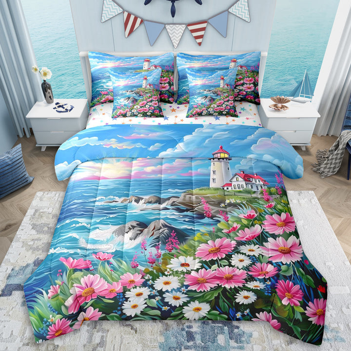 Erosebridal Coastal Lighthouse Twin Bedding Sets 7-Piece For Boys Girls,Teens Ocean Beach Floral Daisy Bedding Comforter Set,Breathable Home Decor