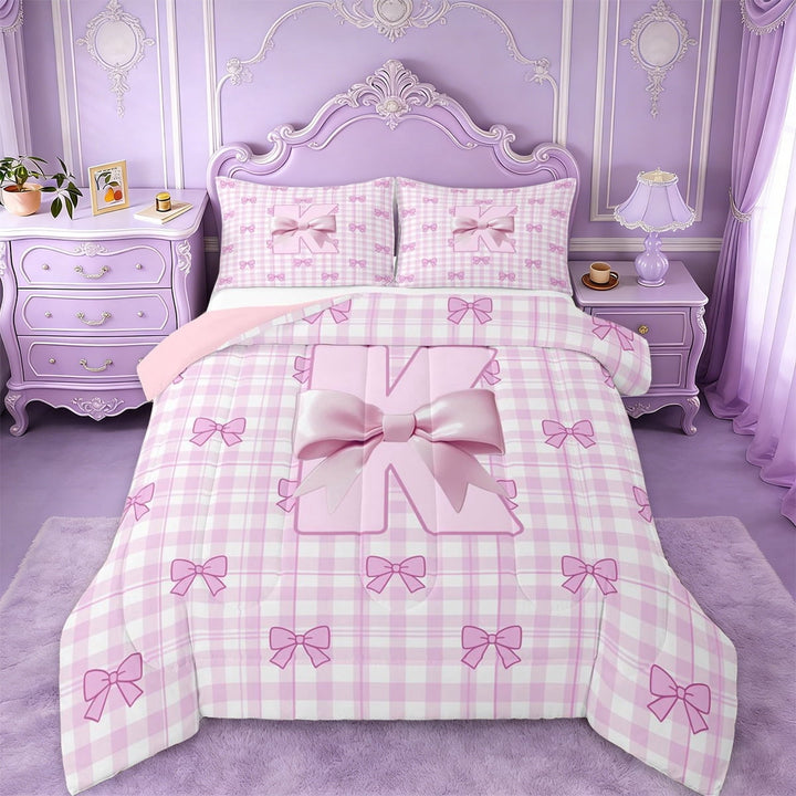 Erosebridal Pink Ribbon Bowknot Full Size Comforter Sets For Girls, Letter K Initial Kids Bedding Sets,Pink Reversible,3 Pieces