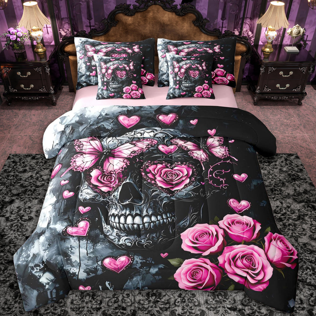 Erosebridal Teens Pink Rose Sugar Skull Bedding Comforter Set 7 Pieces,Gothic Flowers Butterflies Full Bedding Set for Boys Girls,Pink Reversible,Super Cozy Room Decor