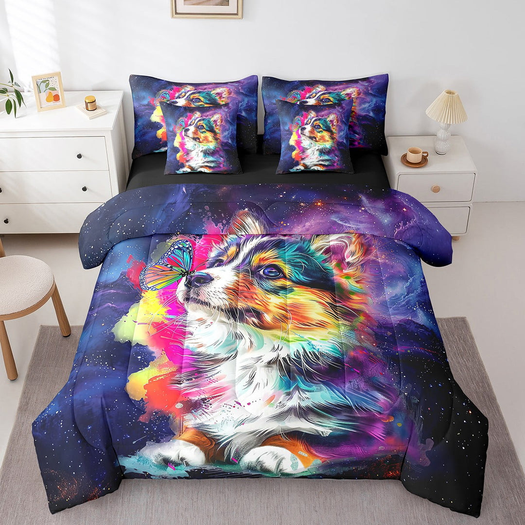 Corgi Print Bedding Comforter Sets 7pcs Dog Puppy Bed in a Bag, Cartoon Animal Pet Twin Bedding Sets Mystic Galaxy Nebula Comforter Set, Rainbow Butterfly Bedding Sets &amp; Collections