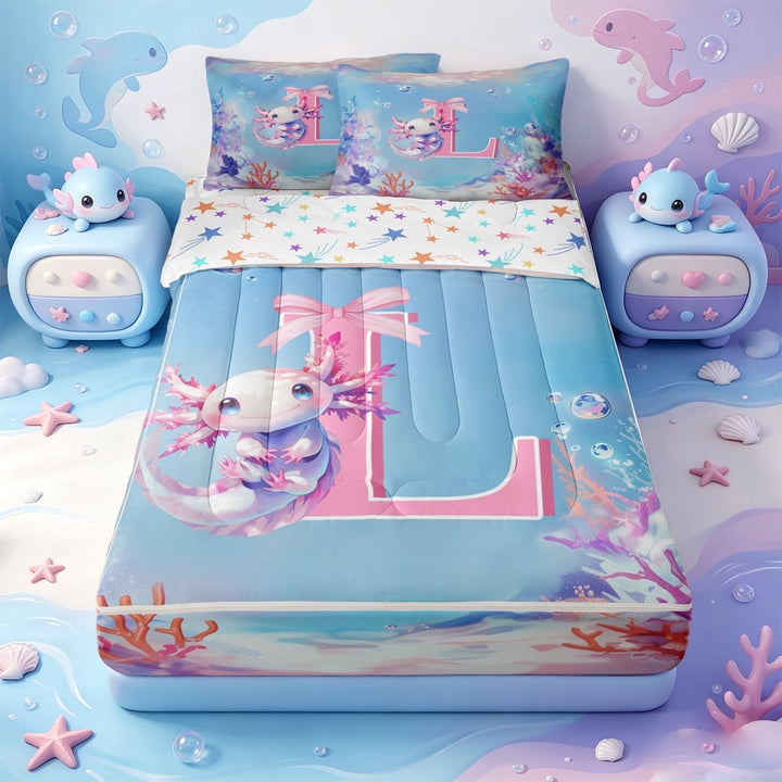 meiyoeat Pink Cartoon Axolotl Zipper Full Size Comforter Sets with Fitted Sheet and 2 Pillowcases,Under The Sea Theme Monogram L Zipper Bedding Set,Colorful Stars Reversible,4pcs