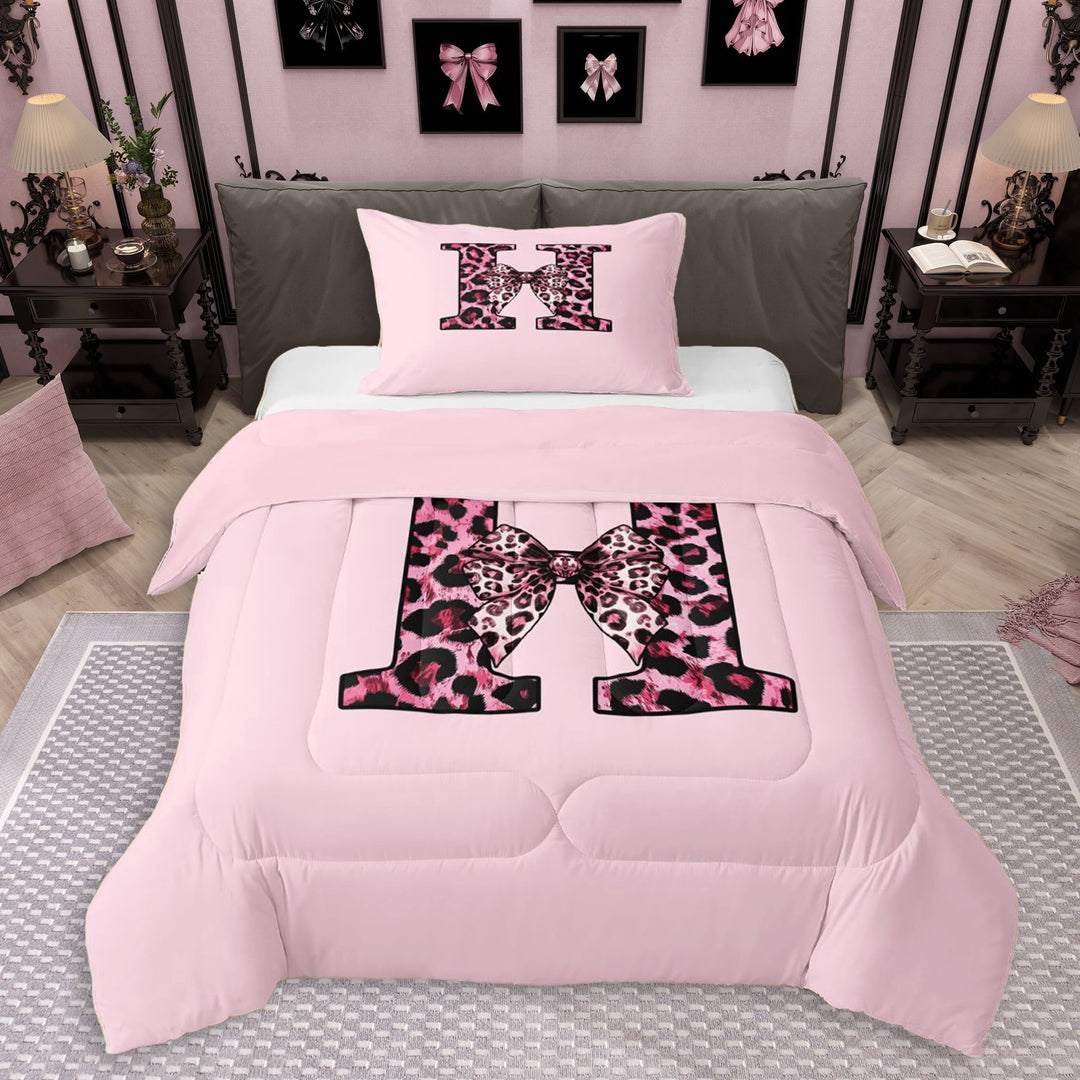 Erosebridal Kawaii Cheetah Print Bow Girl Twin Comforter Sets 3-Piece,Girls Teens Leopard Print Letter Monogrammed H Bedding Set,Pink Reversible