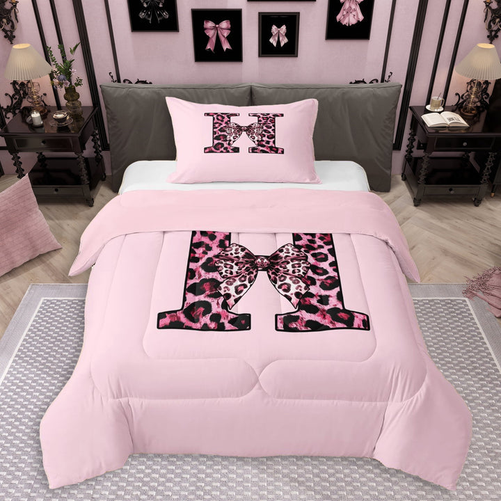 Erosebridal Kawaii Cheetah Print Bow Girl Twin Comforter Sets 3-Piece,Girls Teens Leopard Print Letter Monogrammed H Bedding Set,Pink Reversible
