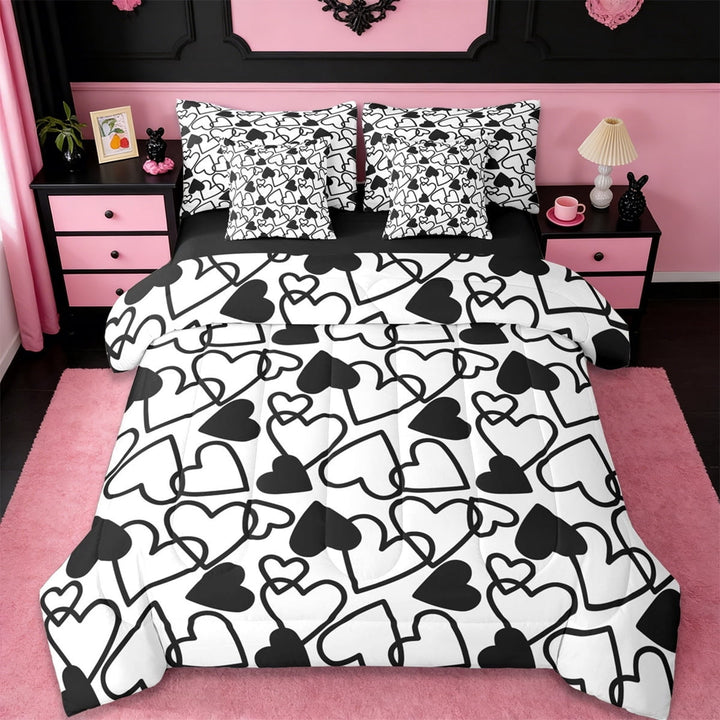 Erosebridal Kawaii Loves Pattern 7-Piece Twin Bedding Sets,White Black Heart Print Bedding Comforter Set For Kids,Reversible