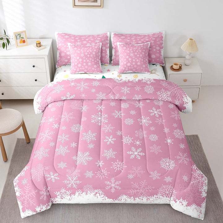 Pink Christmas 7 Pcs Comforter Set King Bed in a Bag,Girly Romantic Snowflake Bedding Set,Princess Winter Quilt,Modern Xmas Duvet Insert,Pink Floral Sheet Set with Comforter