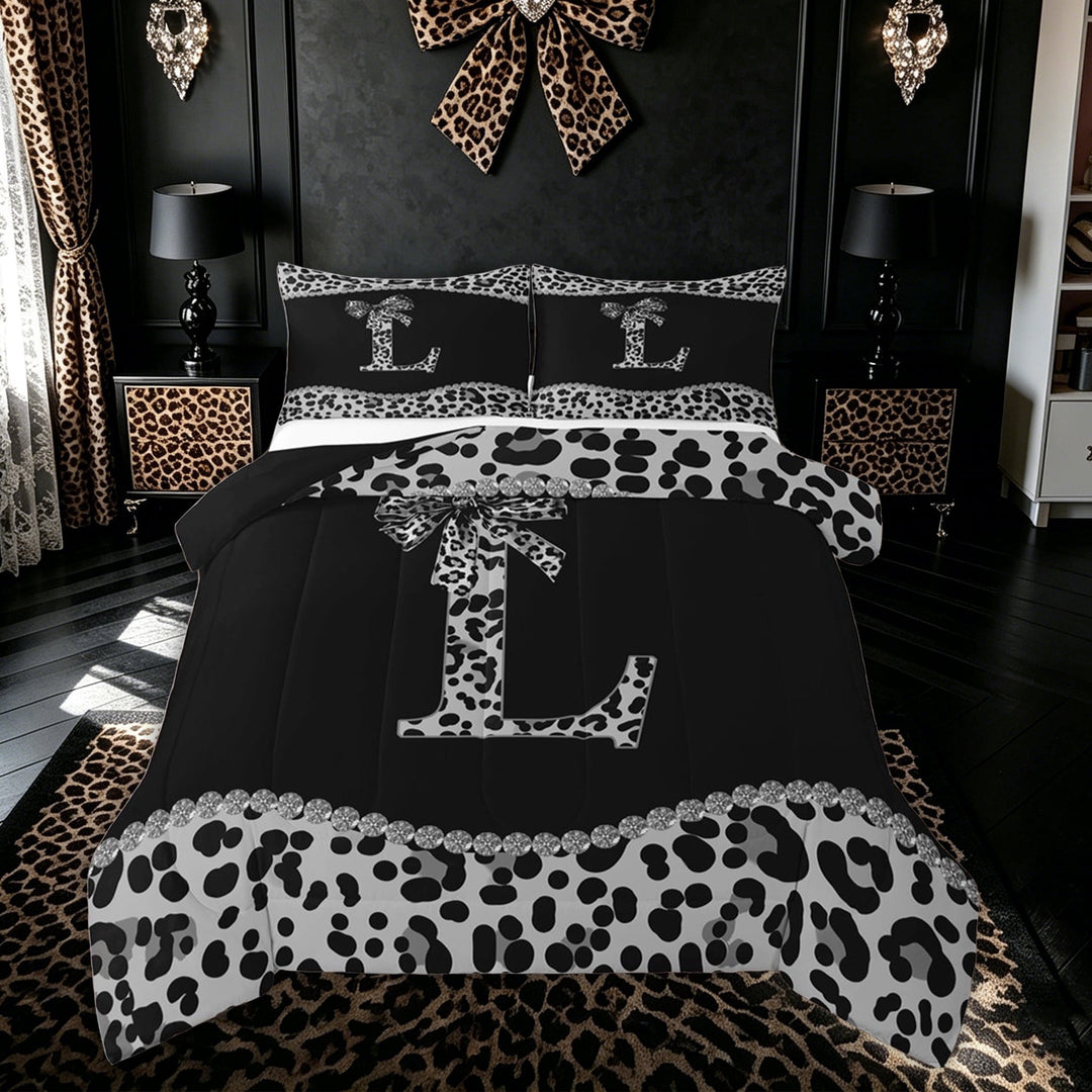 Meiyoeat Cheetah Print Bow L Letter King Size Comforter Sets for Women Girls, Fashion Princess Style Bedding Sets, Black Grey, Black Reversible, 3 Pieces