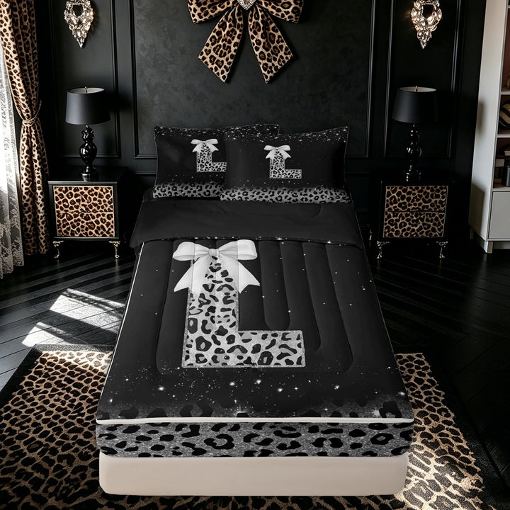 meiyoeat Leopard Print Print Letter Zipper Comforter Set with Fitted Sheet and 2 Pillowcases for Women, Glitter Initial Zipper Bedding Set for Home, Black Silver, Black Reversible, 3-Piece
