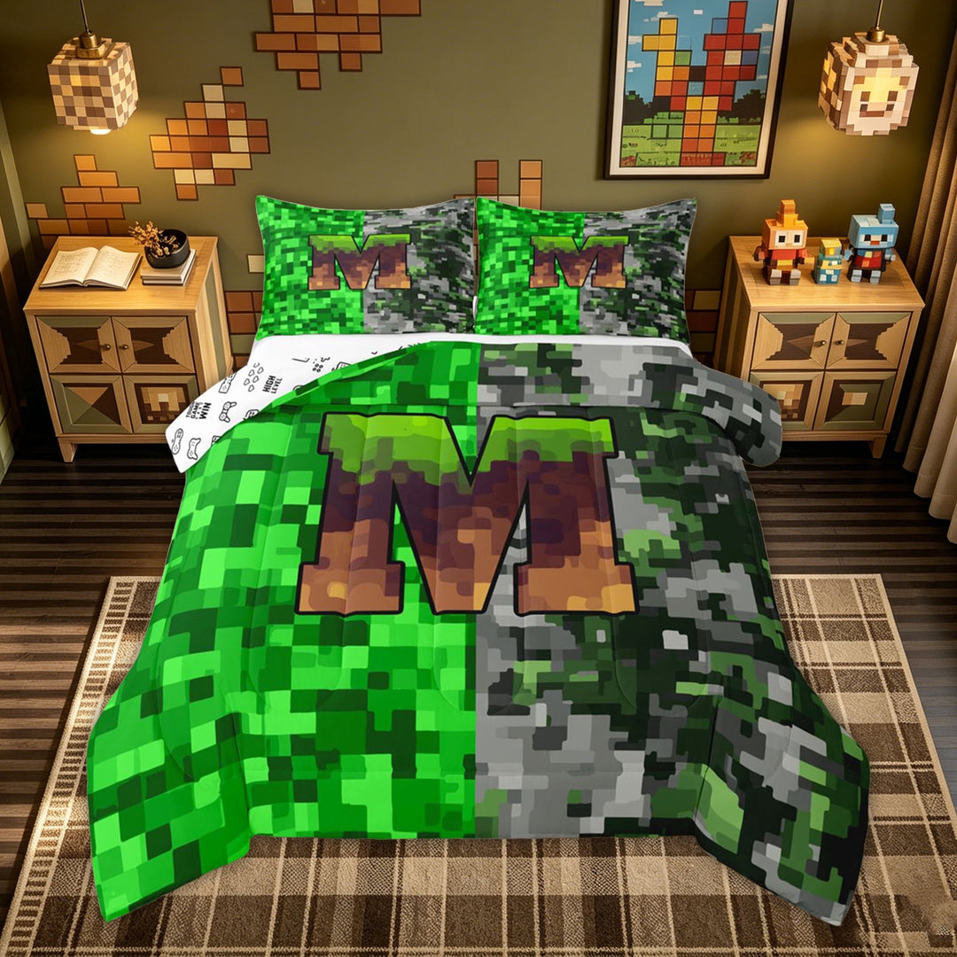 meiyoeat Pixel Grass M Initial Full Size Comforter Sets for Boys, Gamer Block Monogram Bedding Comforter Set, Green Brown, Gamepad Reversible, 3-Piece, 1 Comforter and 2 Pillowcases