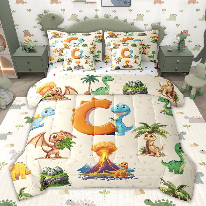 Erosebridal Dinosaur Letter E Twin Bedding Sets for Kids Boys Girls, Cartoon Dino Animals Bedding Comforter Set, Polka Dots Reversible, 7-Piece