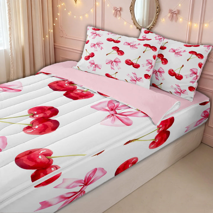 meiyoeat Kawaii Cherry Zipper Full Size Comforter Sets with Fitted Sheet and 2 Pillowcases for Kids Girls, Pink Bow Ribbon Zipper Bedding Set for Bedroom, Pink ReversibleG