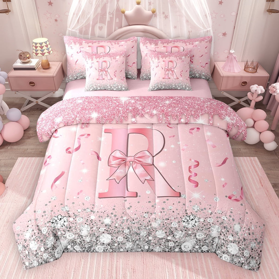 Erosebridal Dreamy Glitters Print Twin Bedding Sets for Girls, Pink Bling R Letter Bedding Comforter Set, Pink Reversible 7 Pieces