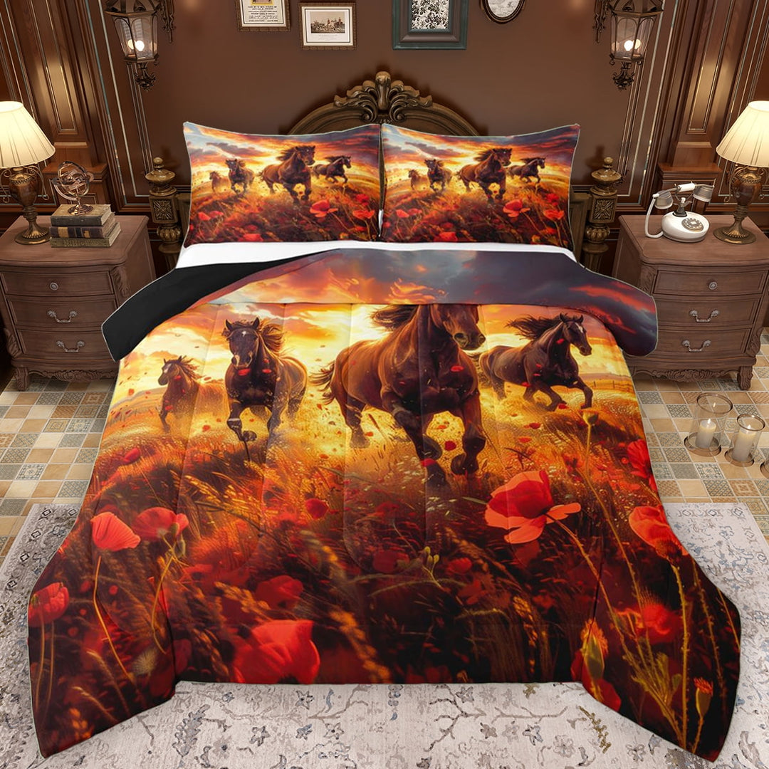 Manfei Racing Horse Men Bedding Comforter Set, Hippie Western Animal Twin Comforter Sets, Vibrant Groovy Floral Reversible Bedding Set, Ultra Soft Bedroom Decor, 2pcs