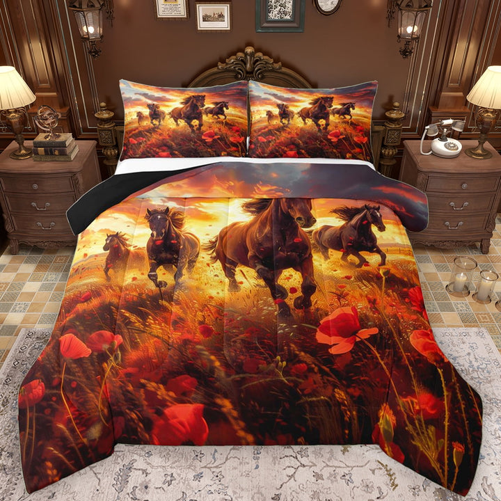 Manfei Racing Horse Men Bedding Comforter Set, Hippie Western Animal Twin Comforter Sets, Vibrant Groovy Floral Reversible Bedding Set, Ultra Soft Bedroom Decor, 2pcs