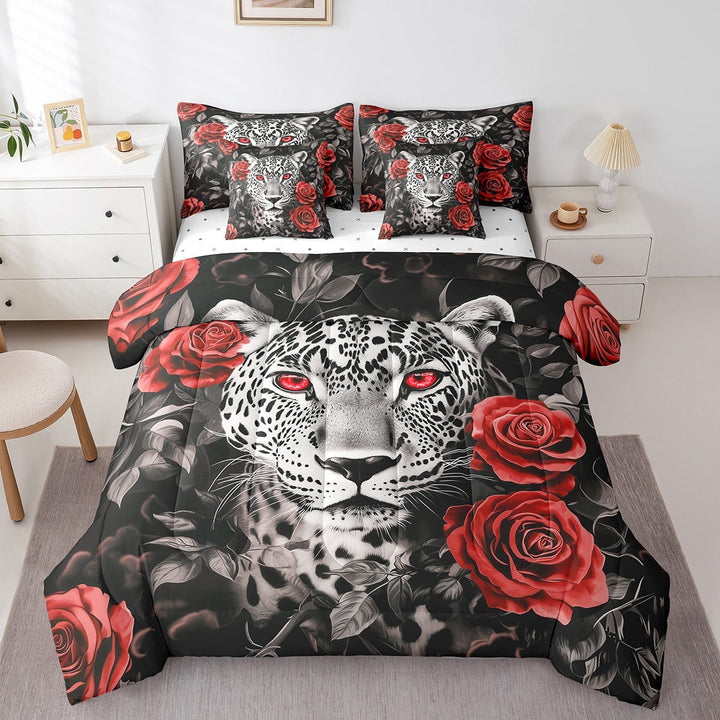 Leopard 7 Pieces Bedding Set Cheetach Sheet Set Red Rose Flower Comforter Full Size For Woman Adults Bed Decorative Tribal Wildlife Animals Bed Set
