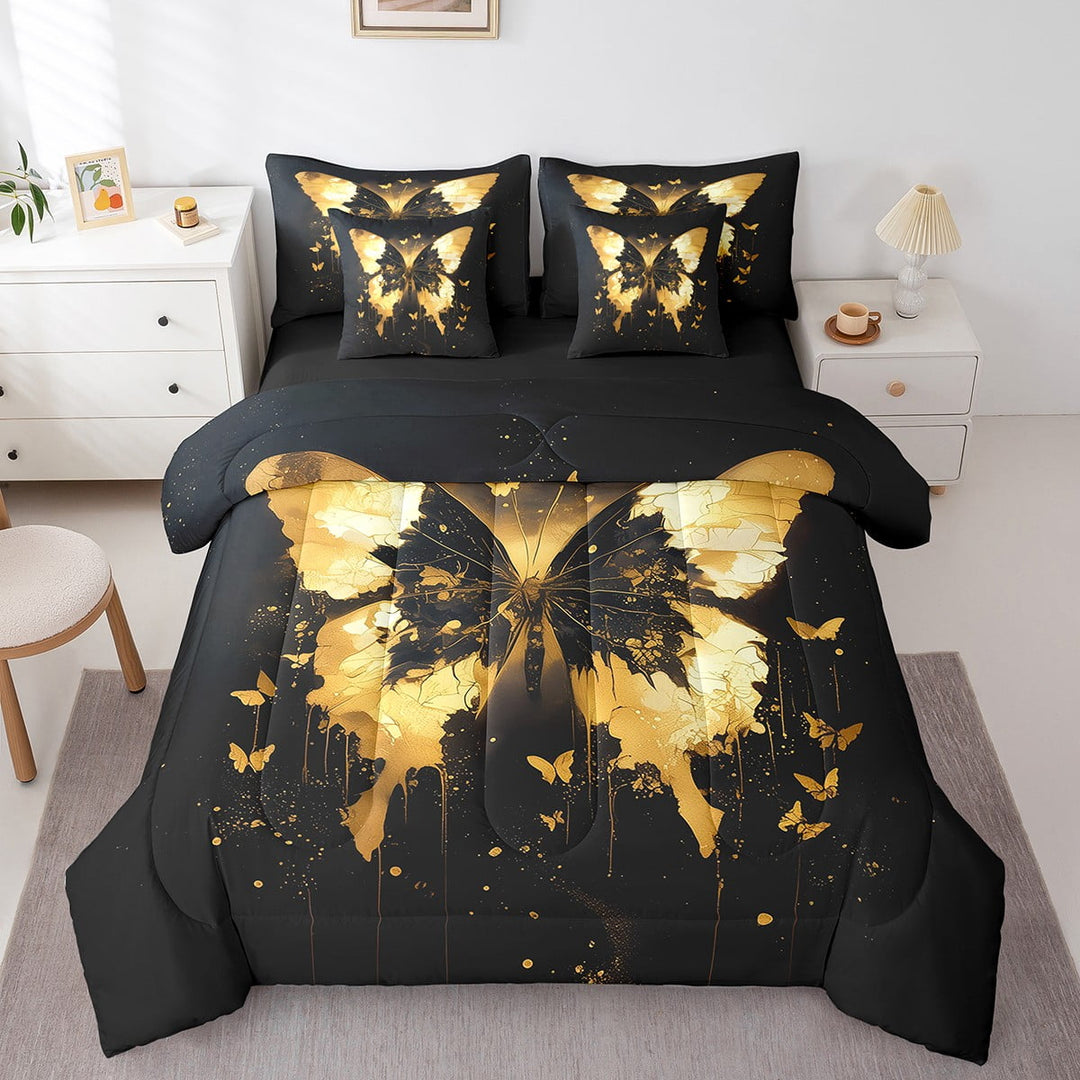 7 Piece Butterfly Bed in a Bag Twin Size Golden Butterfly Print Bedding Sets Rustic Farmhouse Comforter Set with Sheets Golden Marble Decor Bed Set Aninal Butterfly Sheets