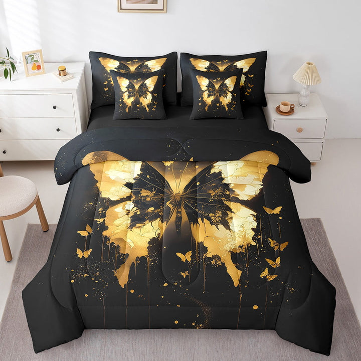 7 Piece Butterfly Bed in a Bag Twin Size Golden Butterfly Print Bedding Sets Rustic Farmhouse Comforter Set with Sheets Golden Marble Decor Bed Set Aninal Butterfly Sheets