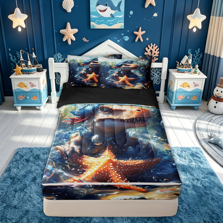 meiyoeat Underwater Dinosaur Turtle Zipper Comforter Set with Fitted Sheet and 2 Pillowcases for Boys Girls Kids, Cute Sea Adventure Zipper Bedding Set, Blue Orange, Black Reversible, 3-Piece