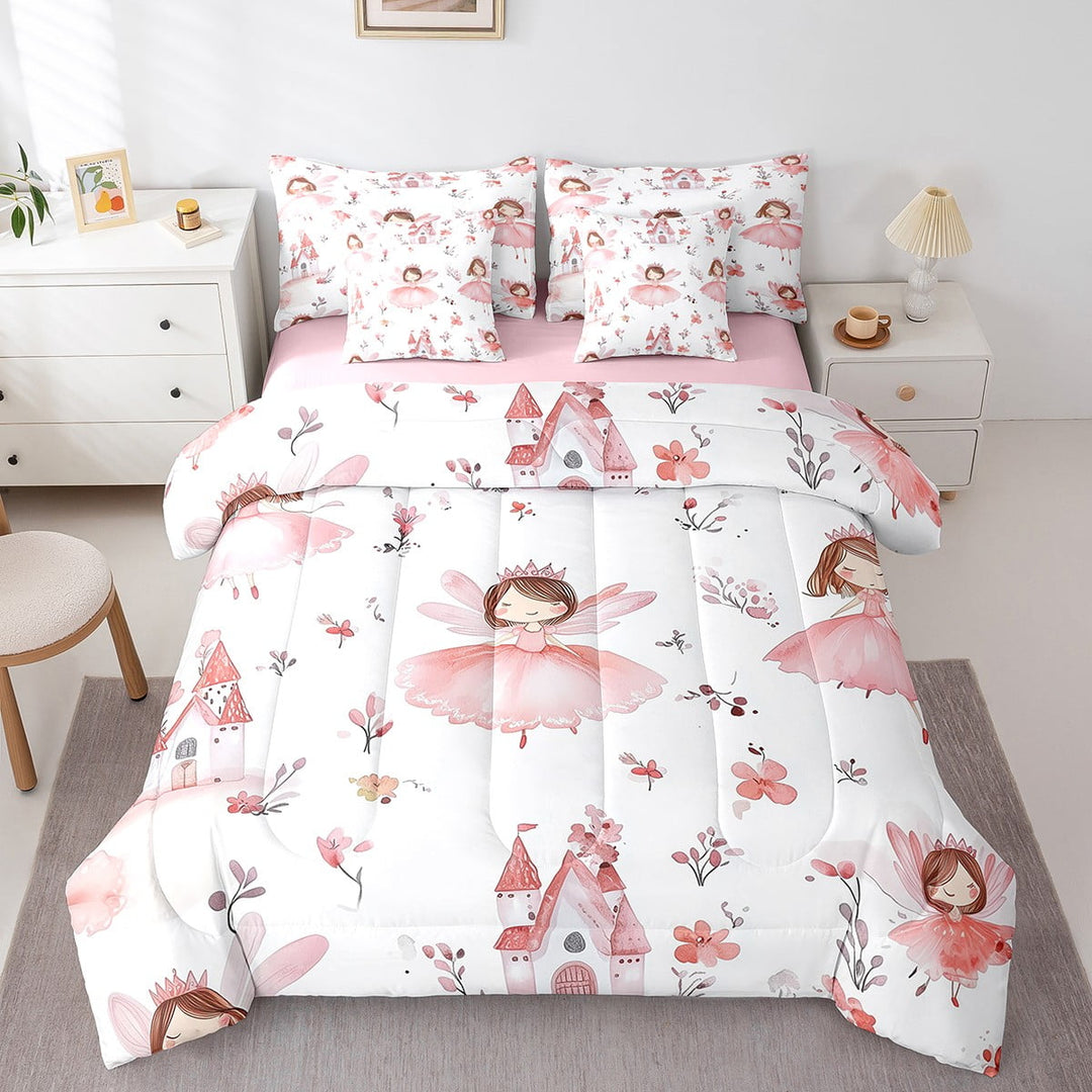 7 Piece Princess Twin Bedding Sets,Ballet Princess Comforter Set With Sheets Cute Cartoon Castle Bed In A Bag,Watercolor Pink Flower Floral Bed Set