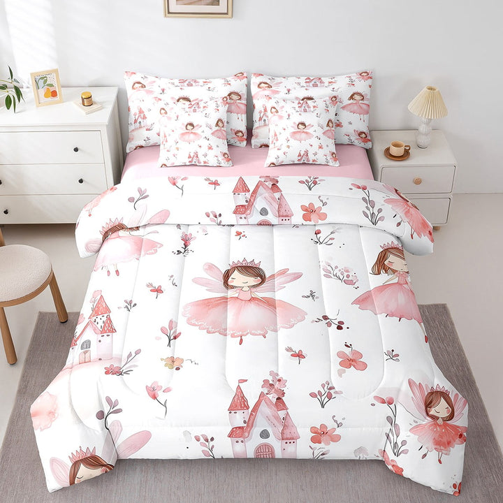 7 Piece Princess Twin Bedding Sets,Ballet Princess Comforter Set With Sheets Cute Cartoon Castle Bed In A Bag,Watercolor Pink Flower Floral Bed Set