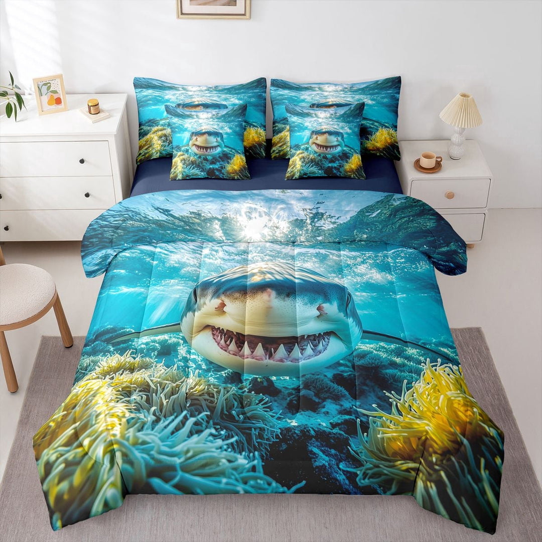 Erosebridal Marine Sharks Kids Twin Bedding Sets, Ocean Wildlife Bedding Comforter Set, Blue Reversible, 7-Piece