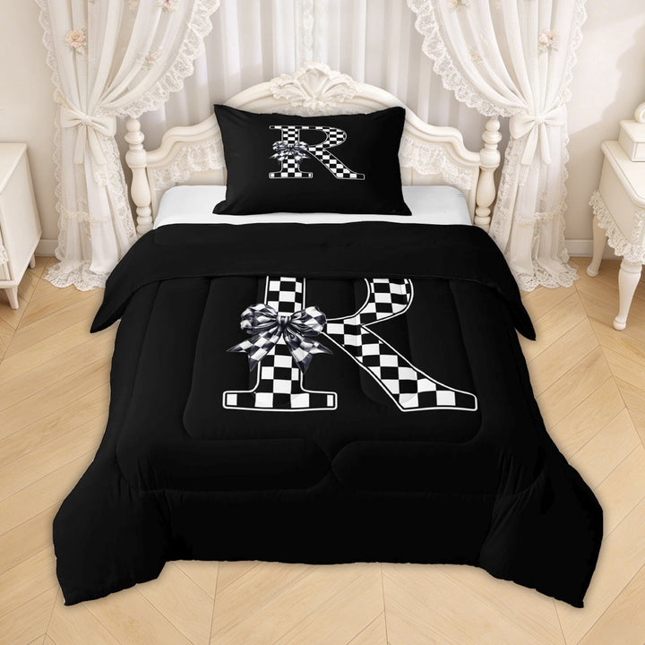 Erosebridal Checkered Bow Letter R Twin Comforter Sets for Girls, Black White Ribbon Bedding Set, Black Reversible, 2-Piece