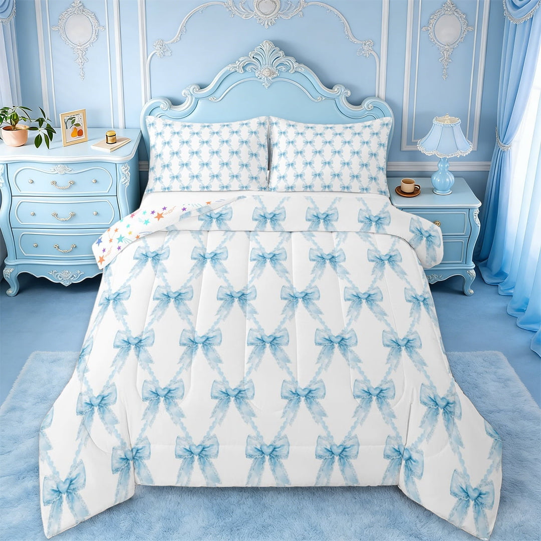 Manfei Dreamy Blue Bow Bedding Comforter Set,Lovely Bow Tie Twin Comforter Sets,Girl Bowtie Bedding Set For Children,Breathable Home Decor Reversible,2pcs