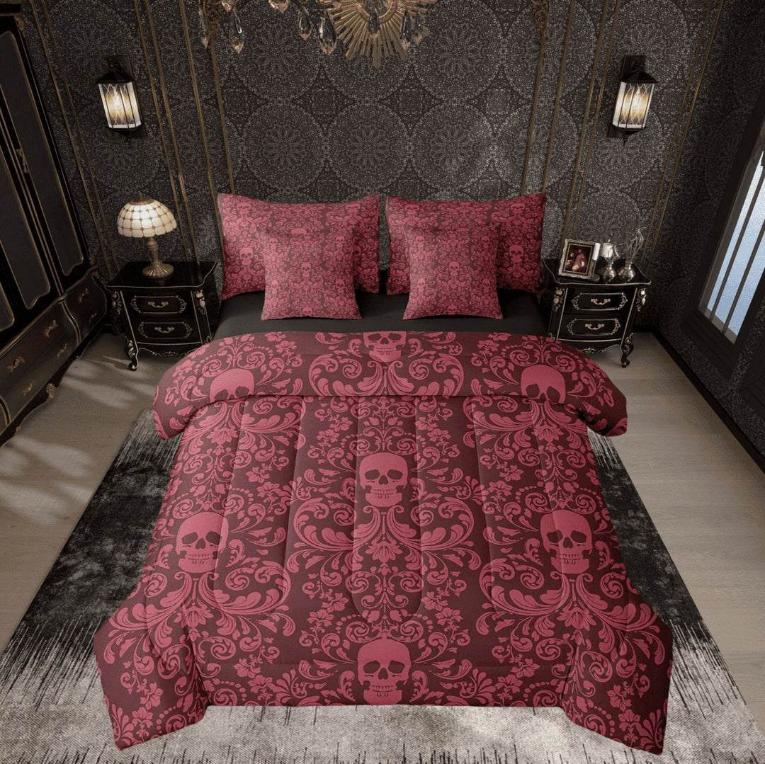 Damask Gothic Bedding Set Adults Antique Victorian Bed in a Bag King Size Comforter Set 7 Pieces,Carmine Sugar Skull Sheet Set Vintage Floral Goth Bed Set,Exotic Bone Skeleton Bohemian Baroque Decor