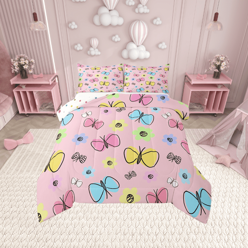Erosebridal Floral Butterfly Bedding Twin Comforter Set,Kawaii Cute Down Comforter,Super Cozy Reversible Bedding Sets Twin with Comforter,Teenager Bedroom Decor