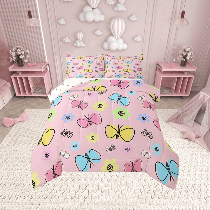 Erosebridal Floral Butterfly Bedding Twin Comforter Set,Kawaii Cute Down Comforter,Super Cozy Reversible Bedding Sets Twin with Comforter,Teenager Bedroom Decor