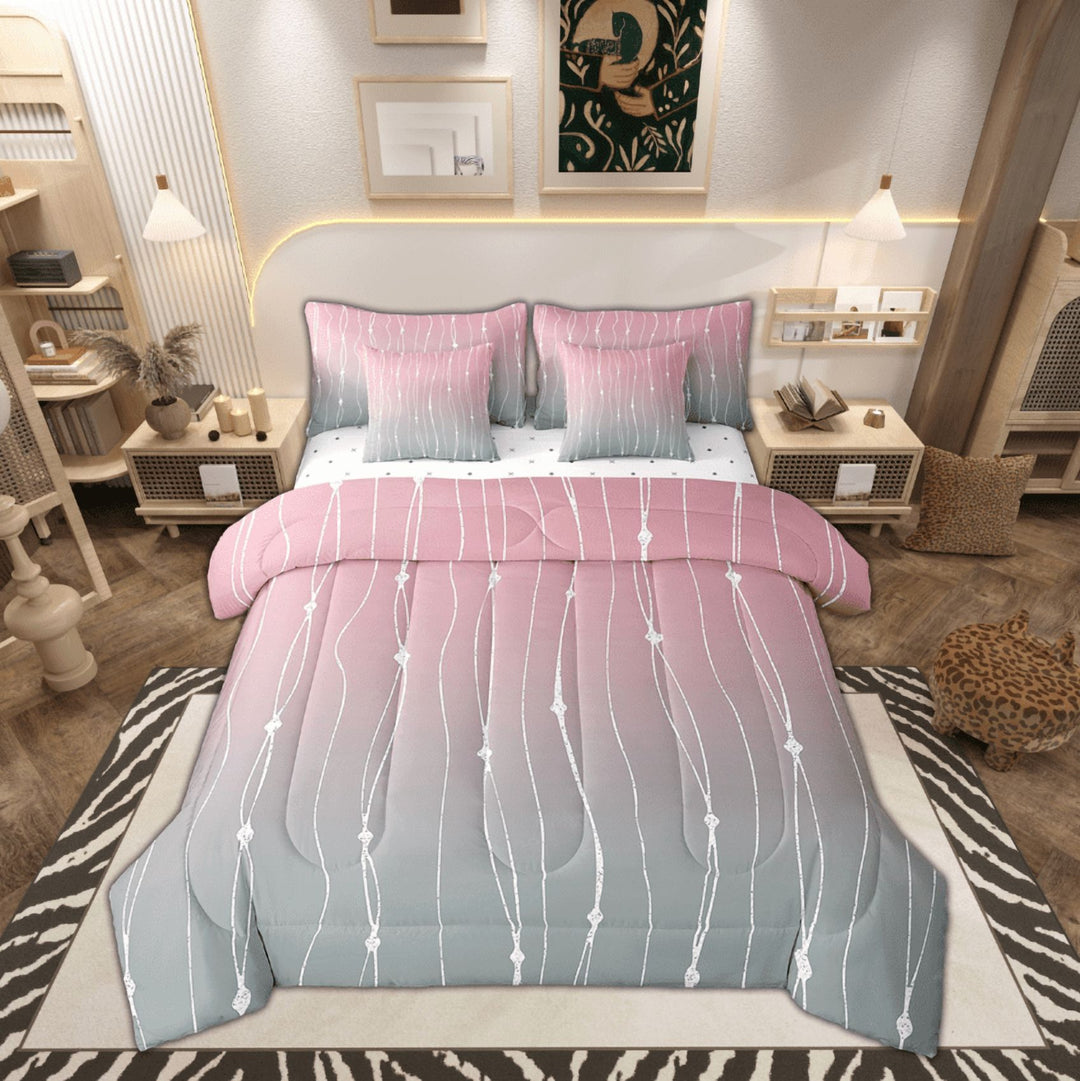 Pink Gradient Full Comforter Set 7-Piece Grey Ombre Bedding Comforter Sets, Rainbow Watercolor Bed in a Bag Geometric Wave Bedding Set, Abstract Lines Bed Sheets Set Home Decorations