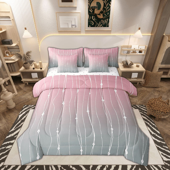 Pink Gradient Full Comforter Set 7-Piece Grey Ombre Bedding Comforter Sets, Rainbow Watercolor Bed in a Bag Geometric Wave Bedding Set, Abstract Lines Bed Sheets Set Home Decorations