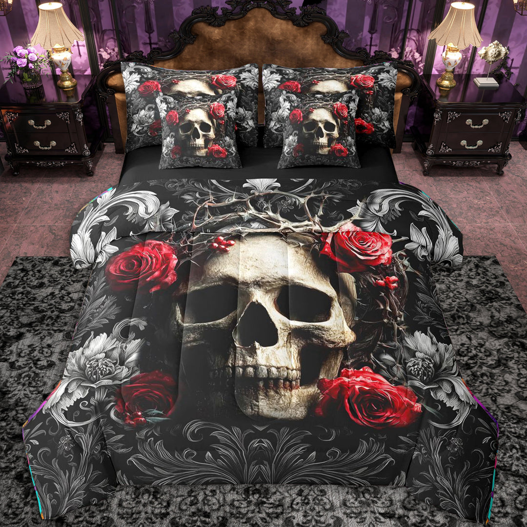 Erosebridal Teens Red Rose Sugar Skull Bedding Comforter Set 7 Pieces,Gothic Style Flowers Full Bedding Set for Boys Girls,Black Reversible,Luxury Bedroom Decor