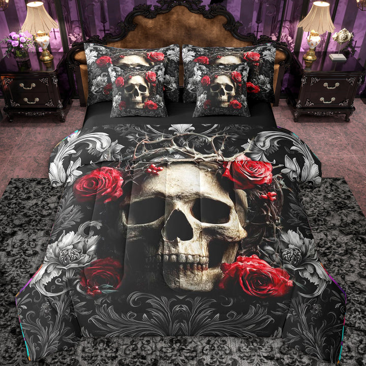 Erosebridal Teens Red Rose Sugar Skull Bedding Comforter Set 7 Pieces,Gothic Style Flowers Full Bedding Set for Boys Girls,Black Reversible,Luxury Bedroom Decor
