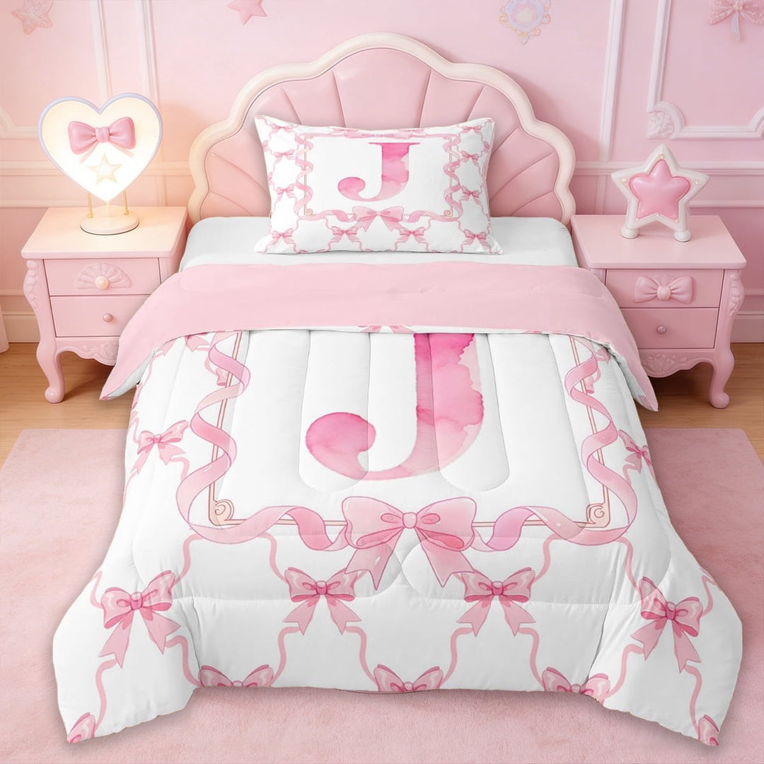 Erosebridal Pink Ribbon Bows Twin Comforter Sets,Princess Bowtie Monogrammed J Theme Bedding Set For Kids,Reversible pink,2-Piece