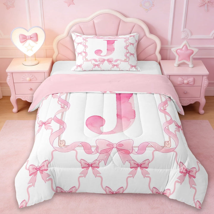 Erosebridal Pink Ribbon Bows Twin Comforter Sets,Princess Bowtie Monogrammed J Theme Bedding Set For Kids,Reversible pink,2-Piece