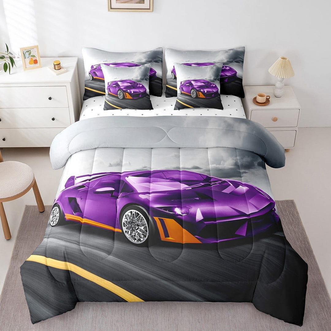 Erosebridal Race Car Queen Comforter 7 Pieces Bed In A Bag, Racing Car Fitted Sheet Teens Adult, Extreme Sports Flat Sheet Speed Sports Car Pillow Cases Purple Grey Throw Pillow Covers