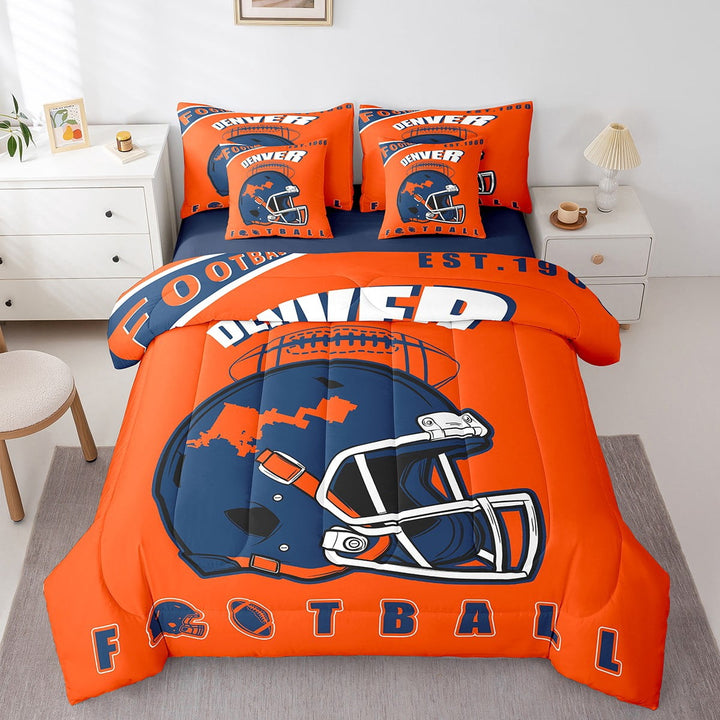 Erosebridal Vintage Football Helmet Bedding, Soccer Sport Bed in a Bag, Orange Navy Reversible Bed Set, Breathable Room Decoration, 7pcs