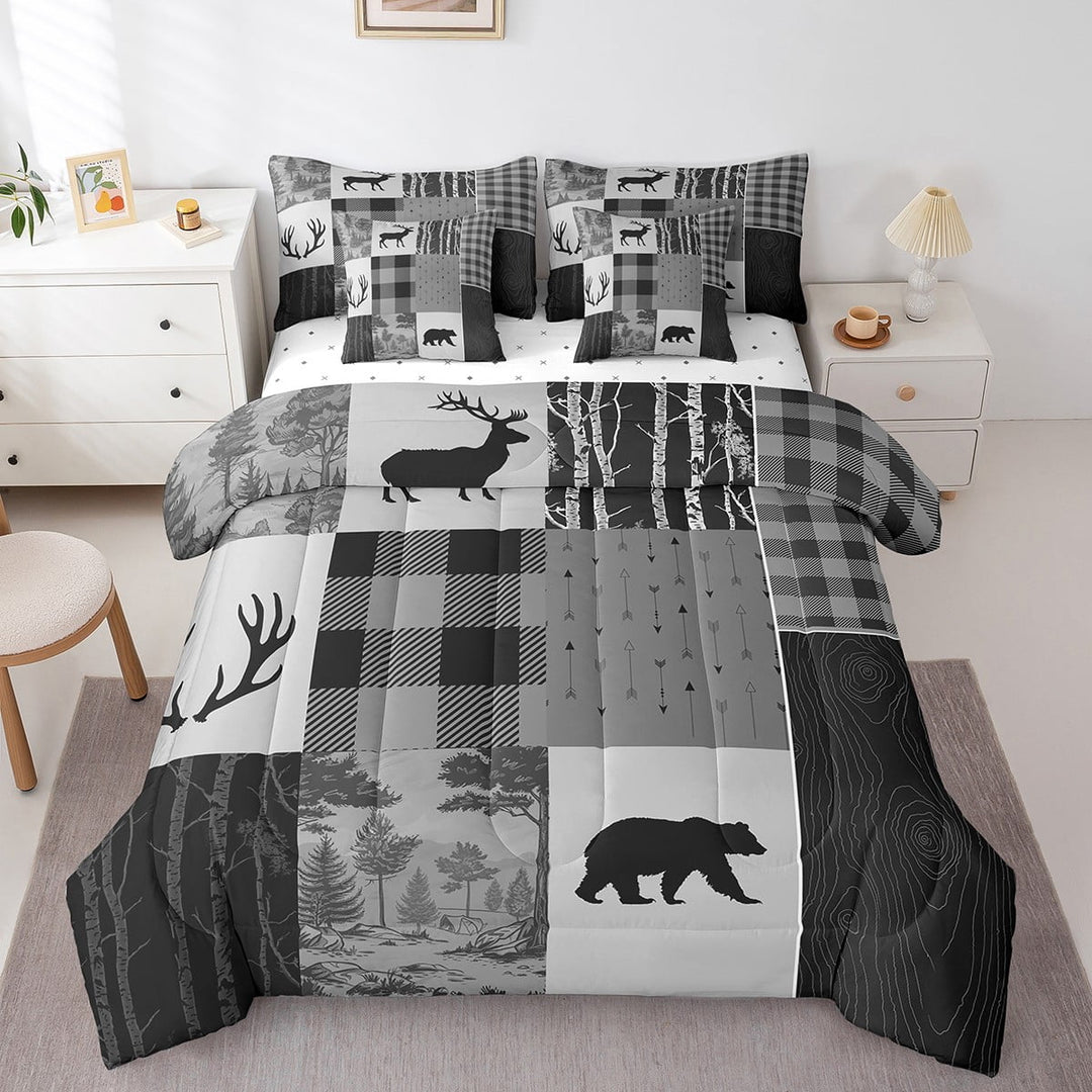 Erosebridal Farmhouse Bear Bedding Sets Queen Size, Grey Patchwork Comforter Sets with Sheets, Rustic Lodge Cabin Decor, 7pcs