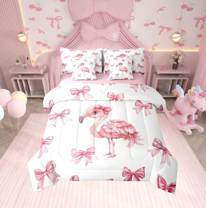 Erosebridal Pink Bow-Tie Bedding Sets Twin with Comforter, Flamingo Duvet Insert, Cartoon Wildlife Decor, Reversible
